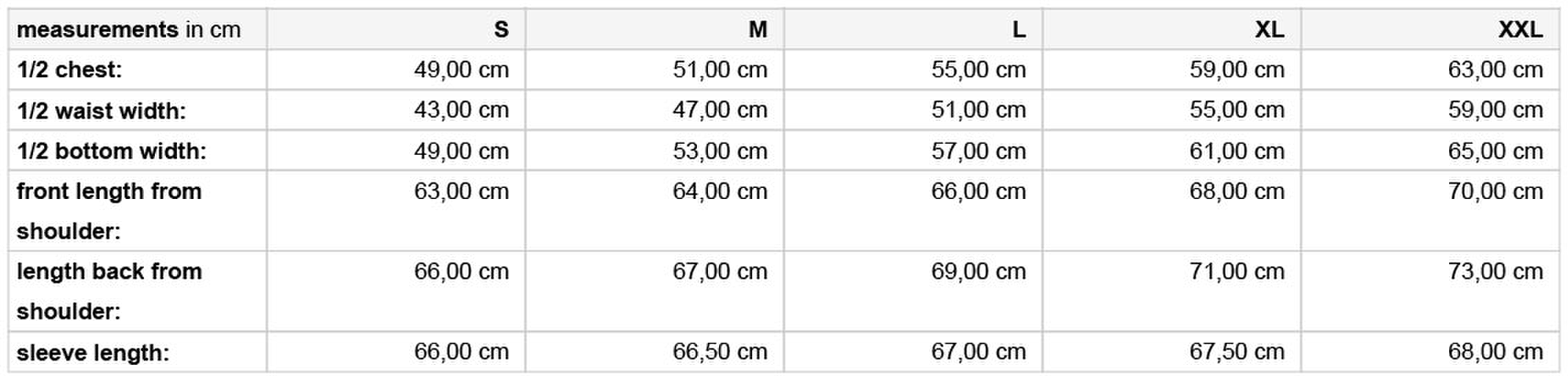 Size chart