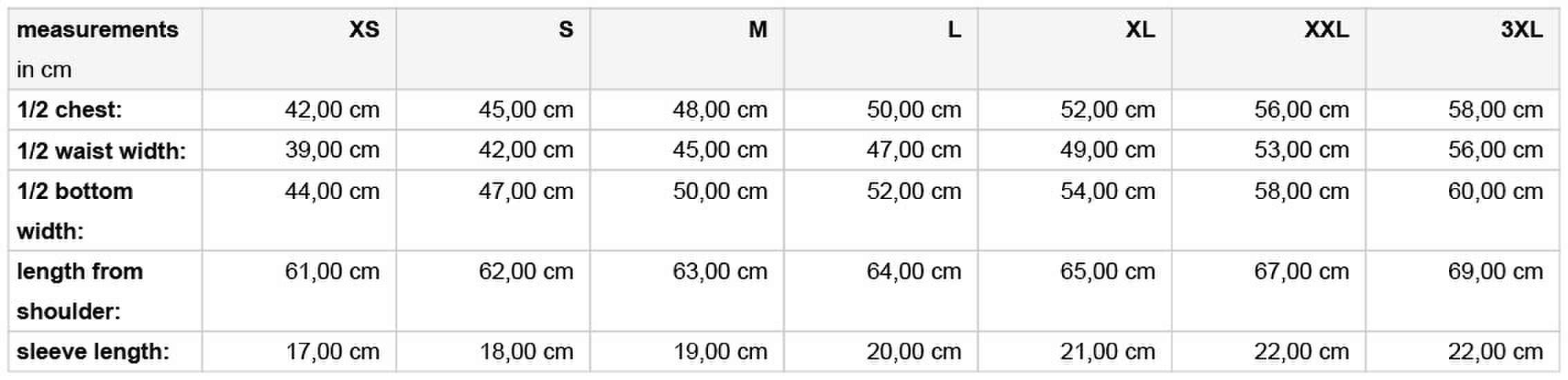 Size chart