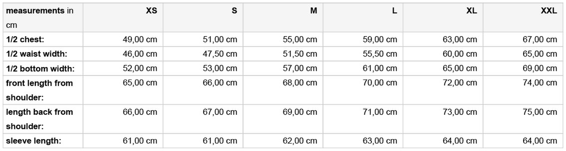 Size chart