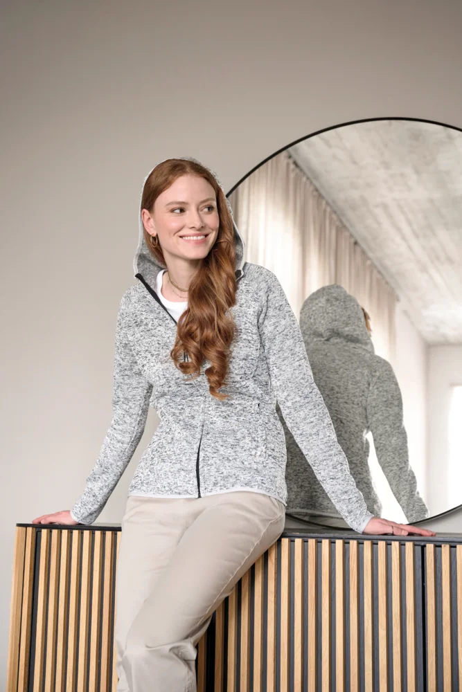 Damen Kapuzen Strickfleece Jacke