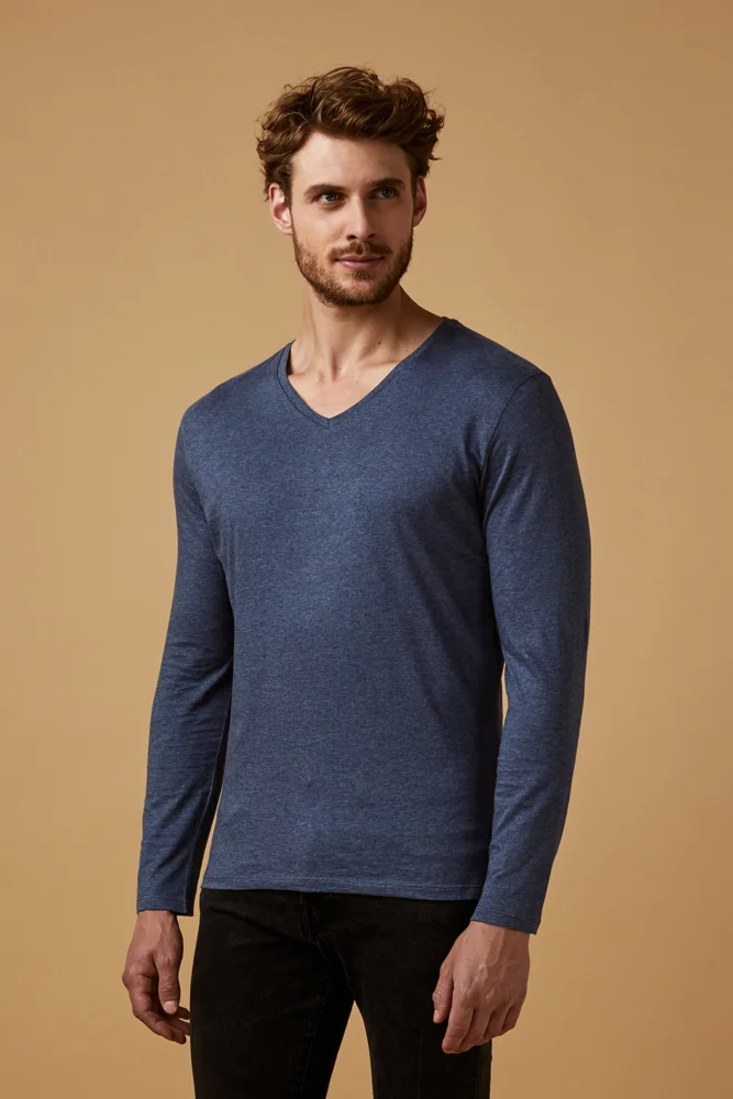 Herren V-Ausschnitt T-Shirt langarm - X.O