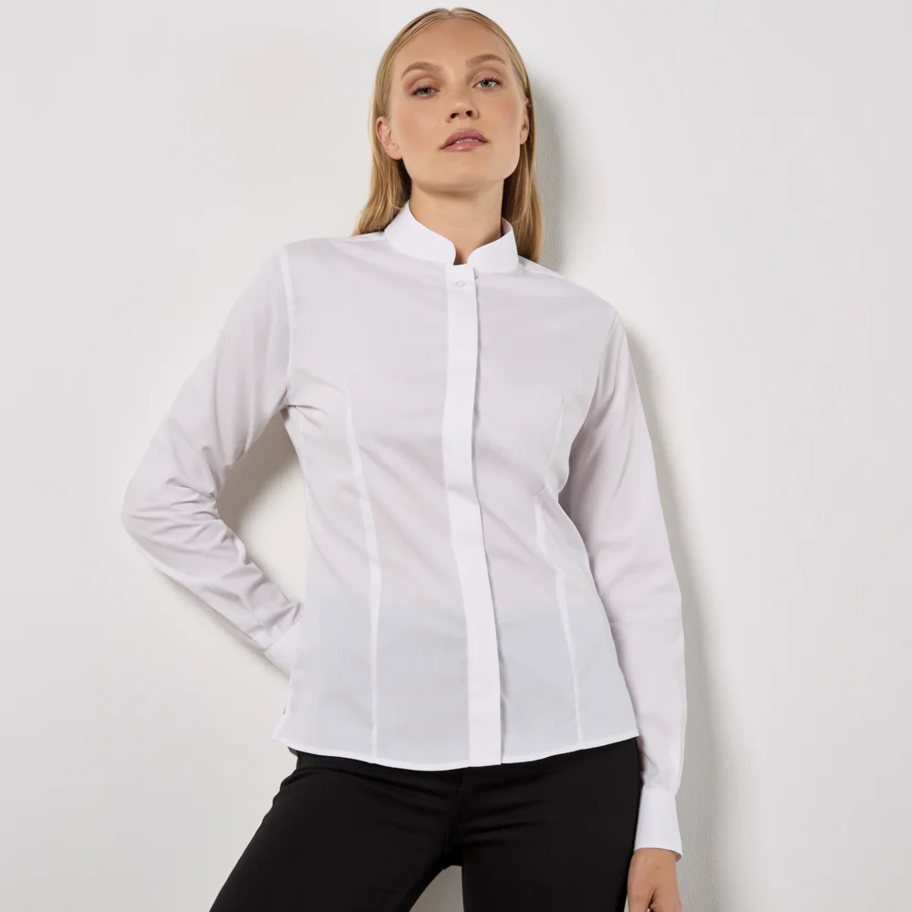 Popeline Bluse mit Maokragen langarm