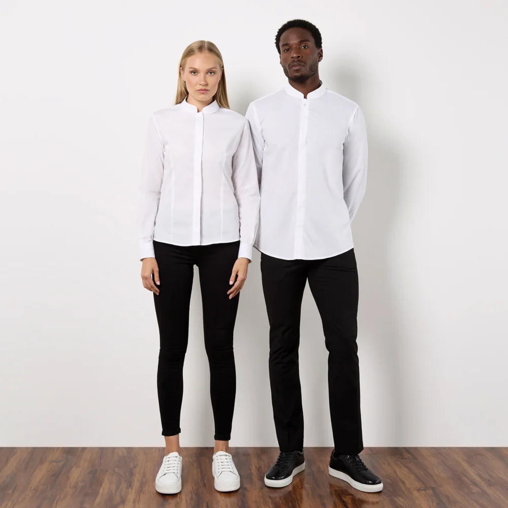 Popeline Bluse mit Maokragen langarm