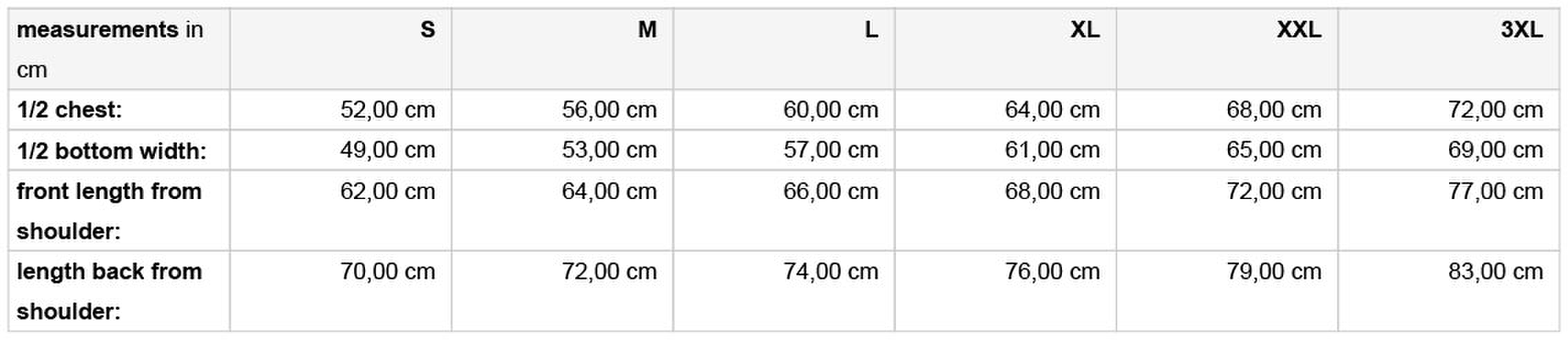 Size chart