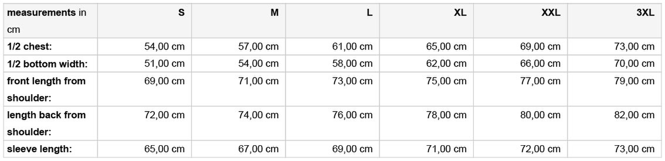 Size chart