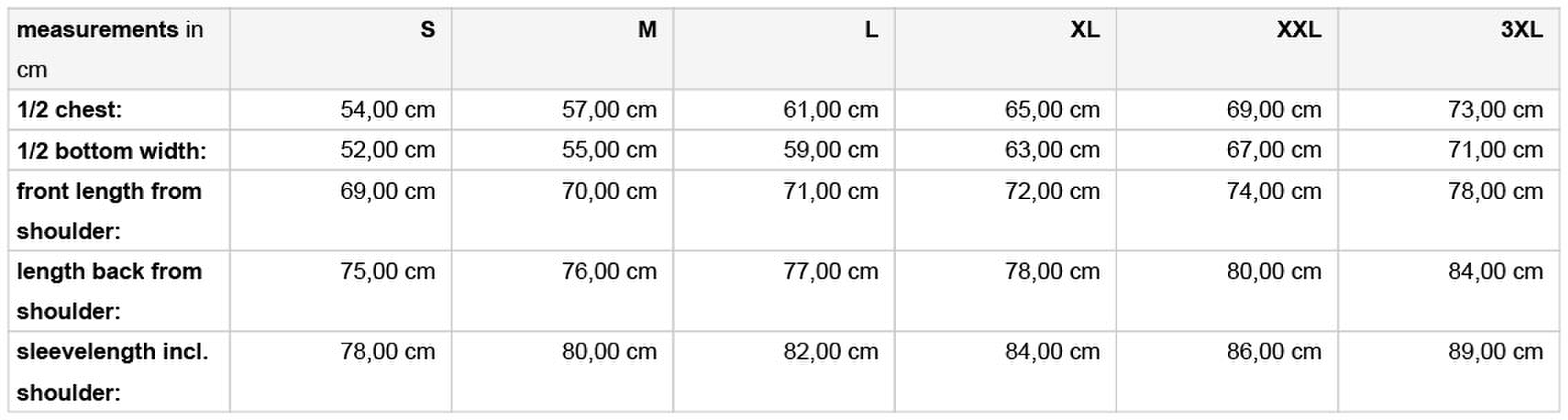 Size chart