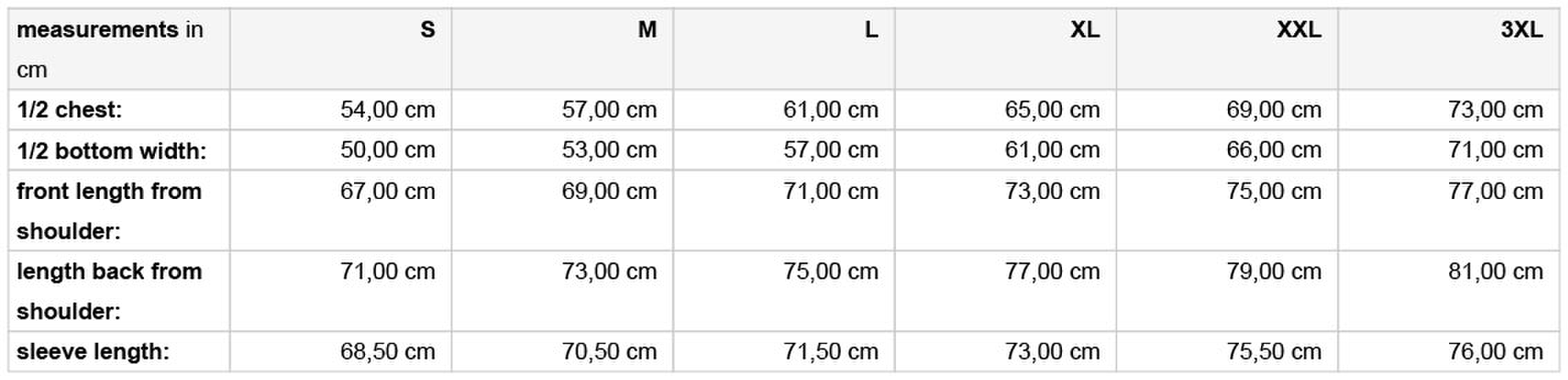 Size chart