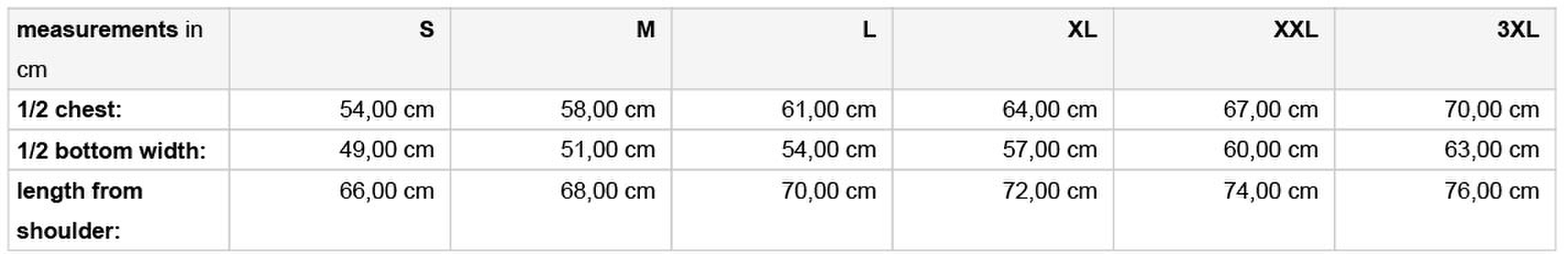 Size chart