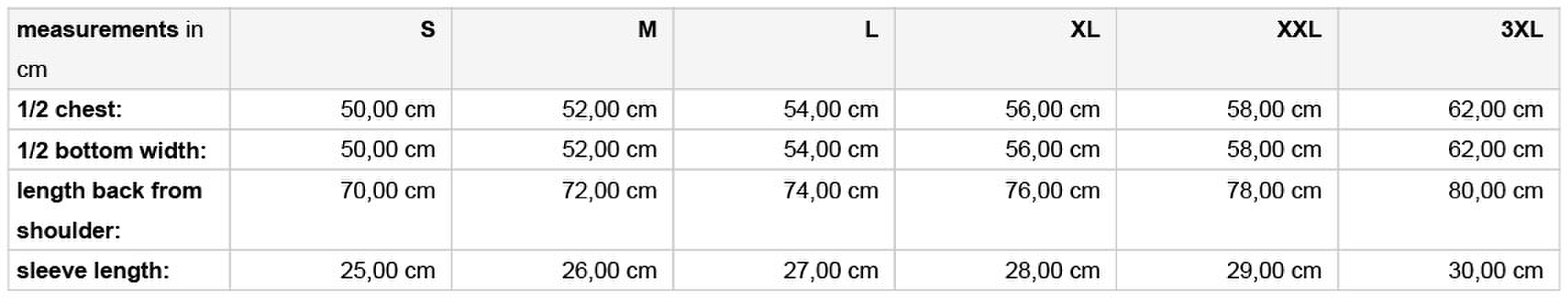 Size chart