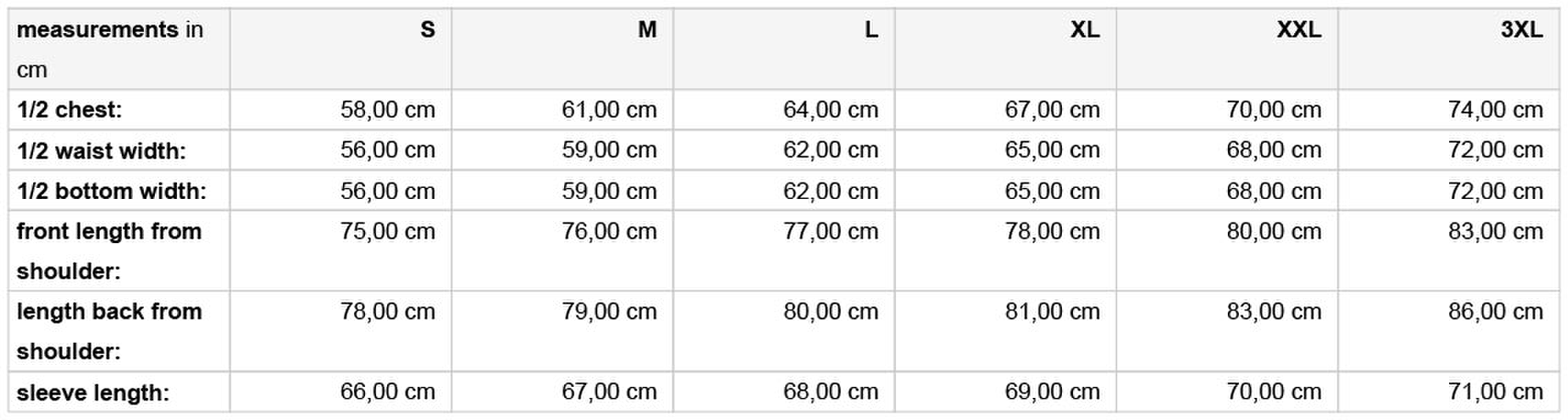Size chart