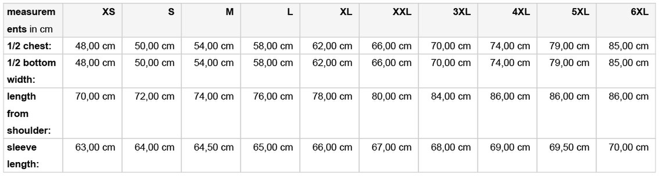 Size chart