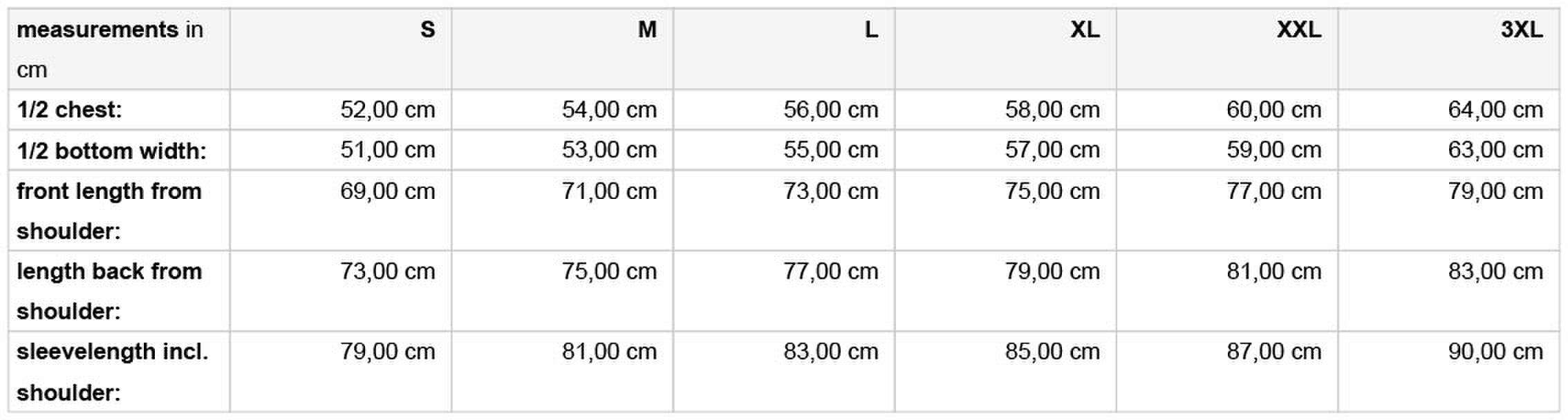 Size chart
