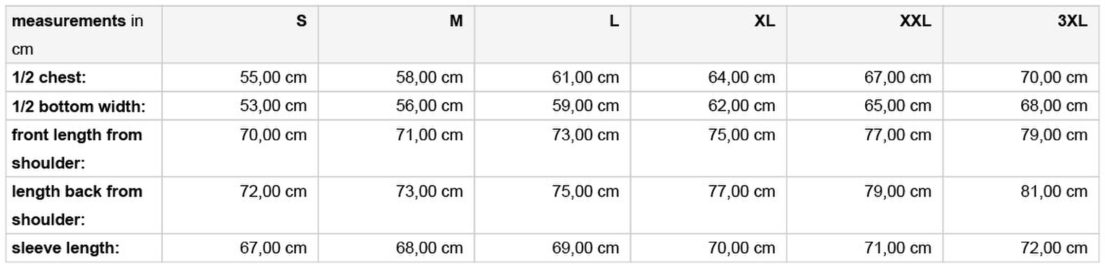 Size chart