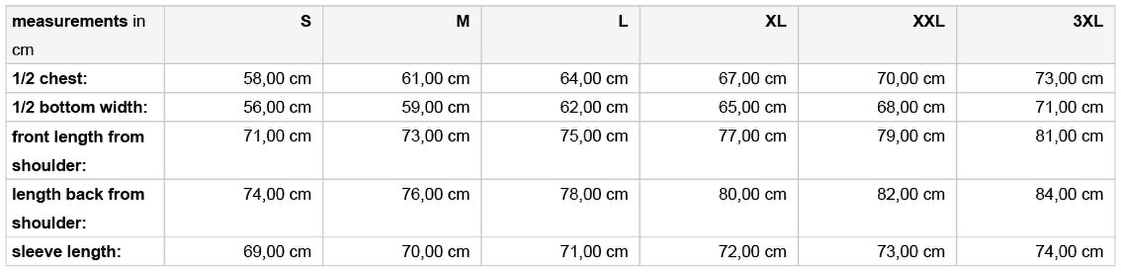 Size chart