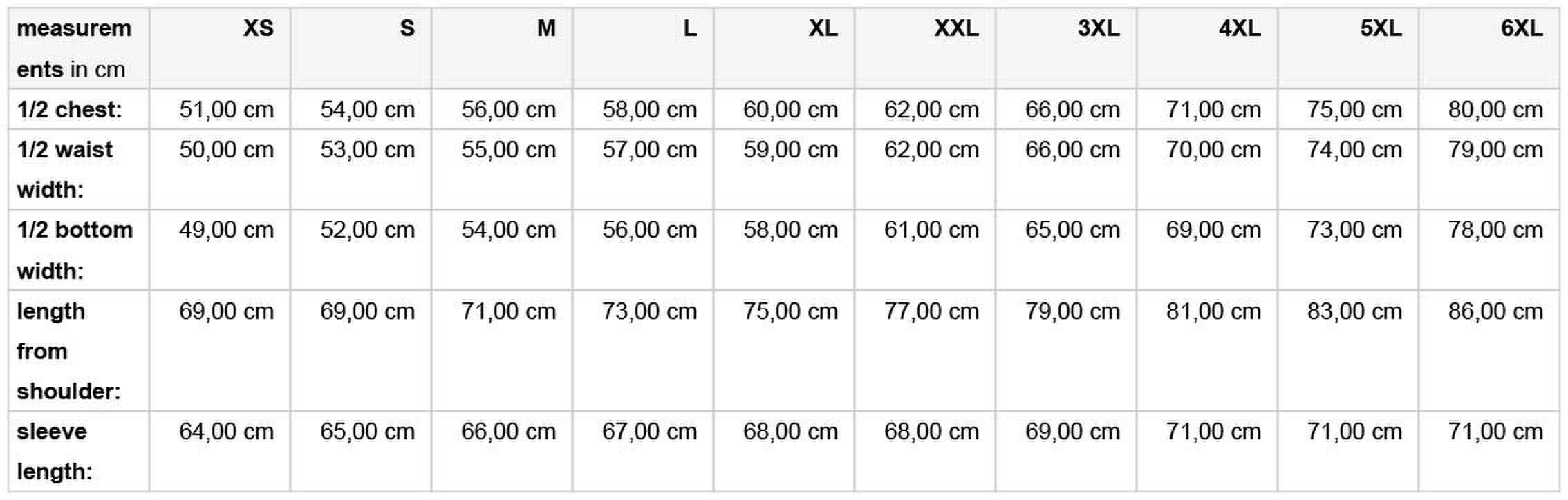 Size chart