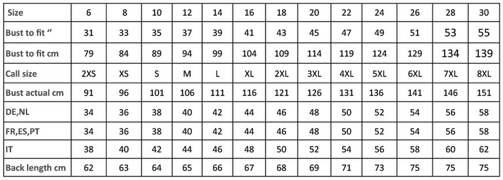 Size chart