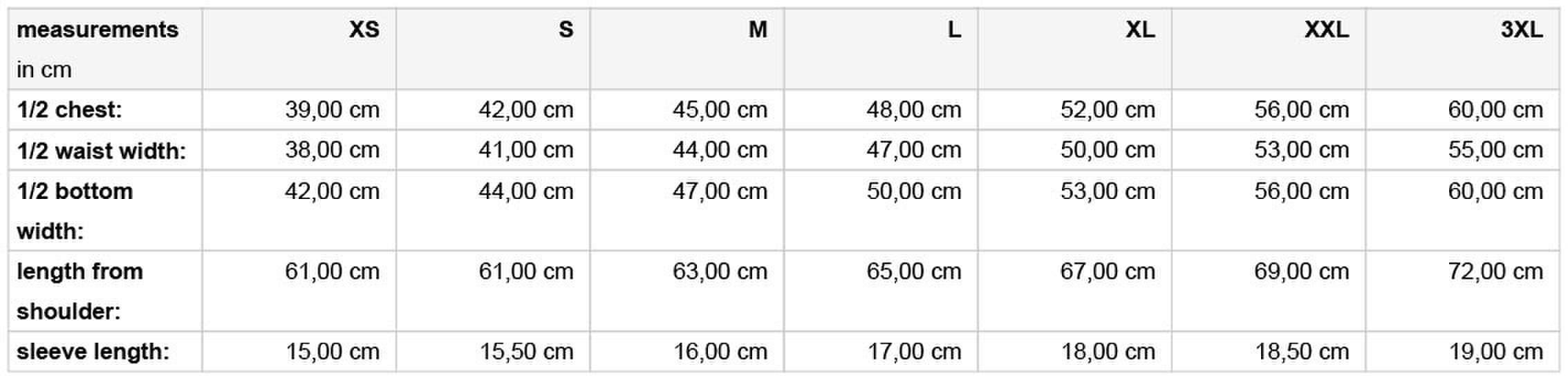 Size chart