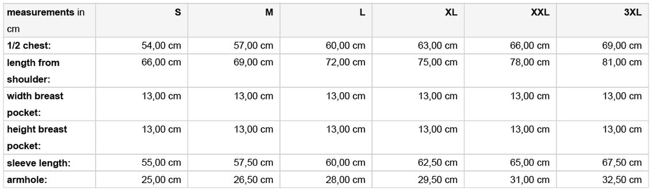 Size chart