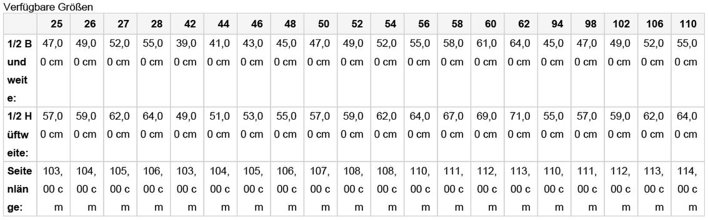Size chart