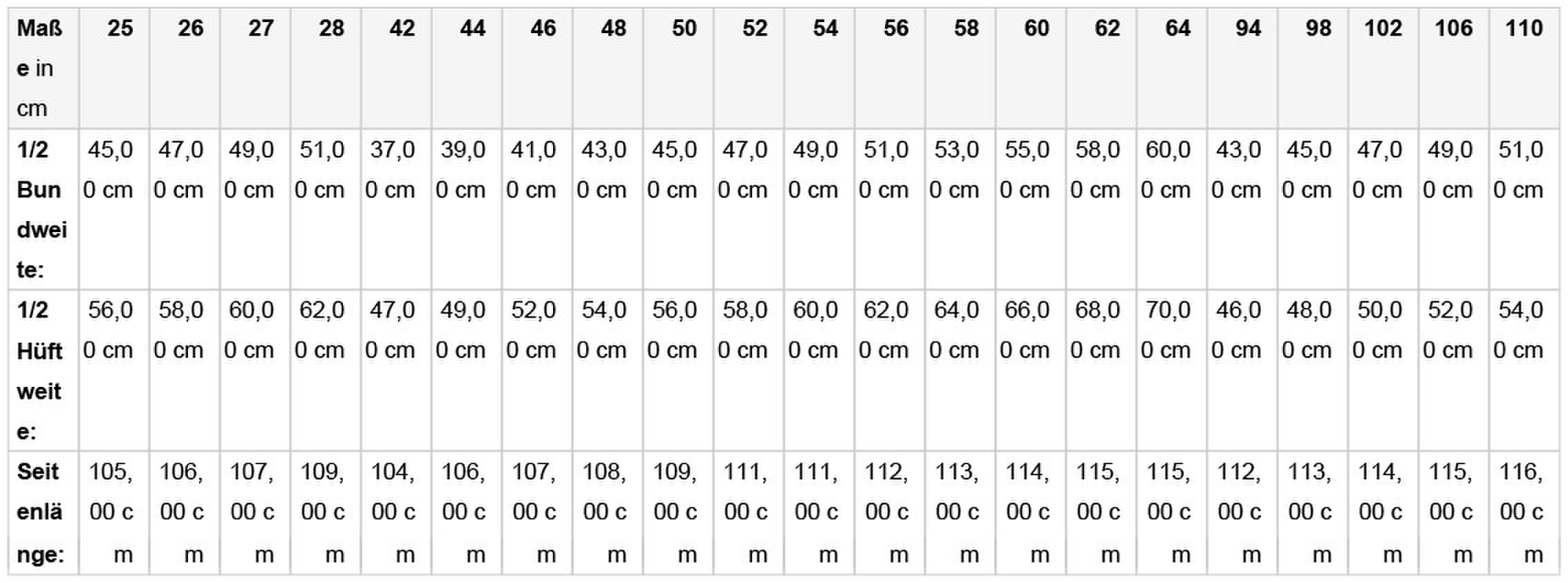 Size chart
