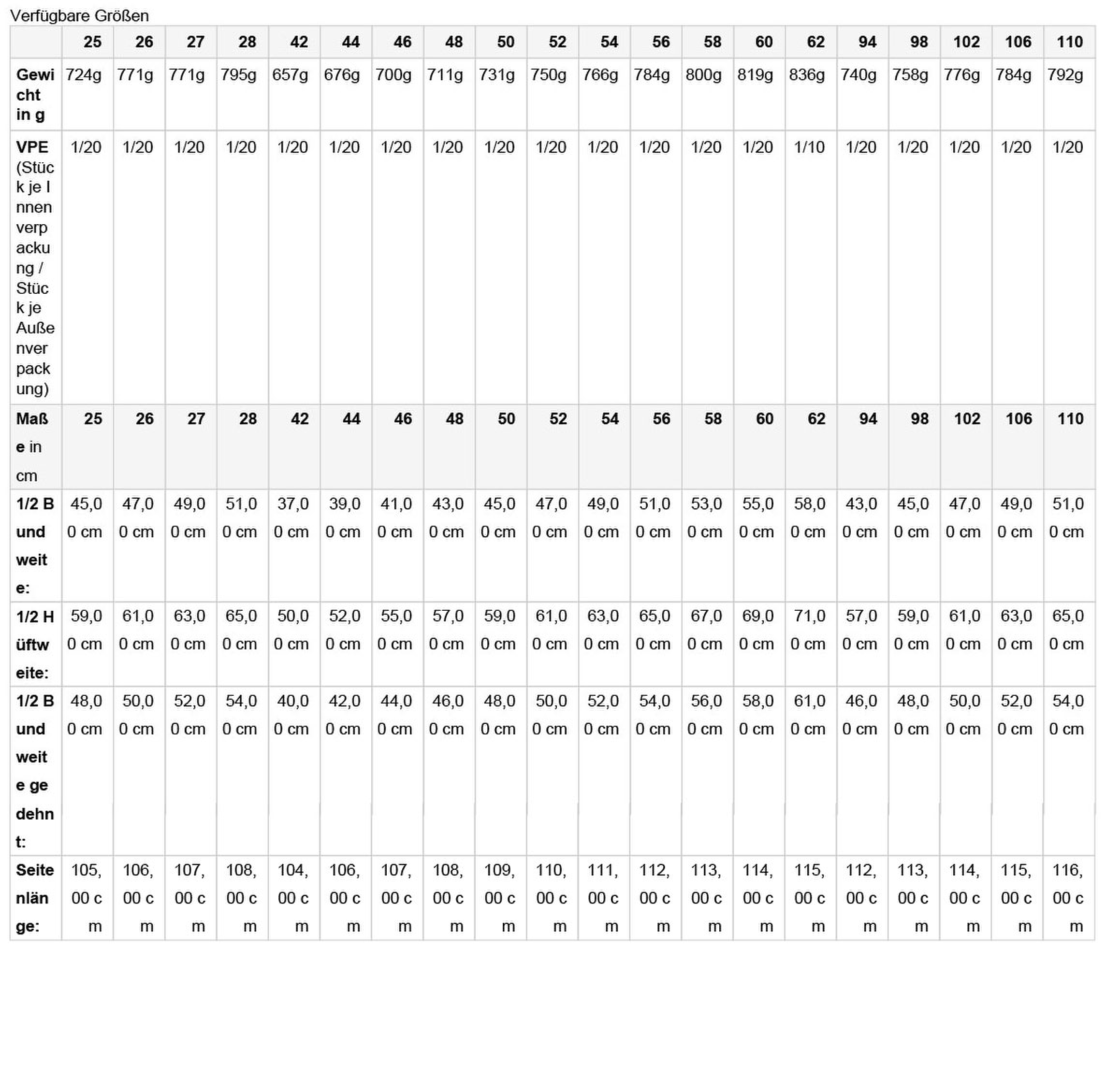 Size chart