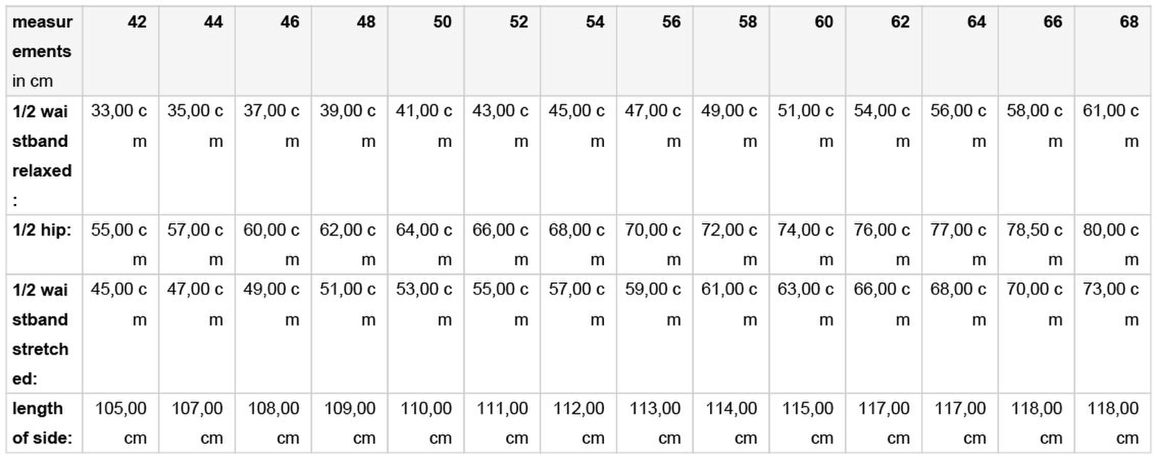 Size chart