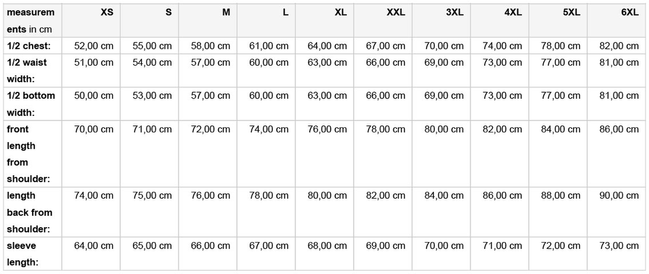 Size chart