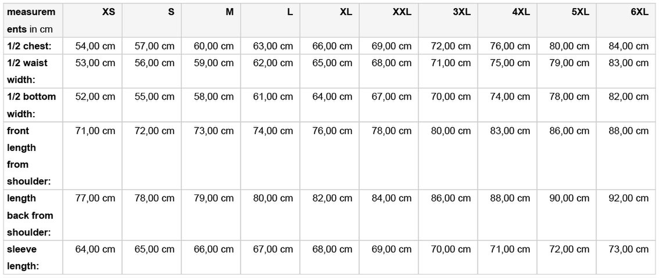Size chart
